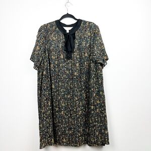 Addition Elle Black Floral Pleated Tunic Dress with Bow Neck